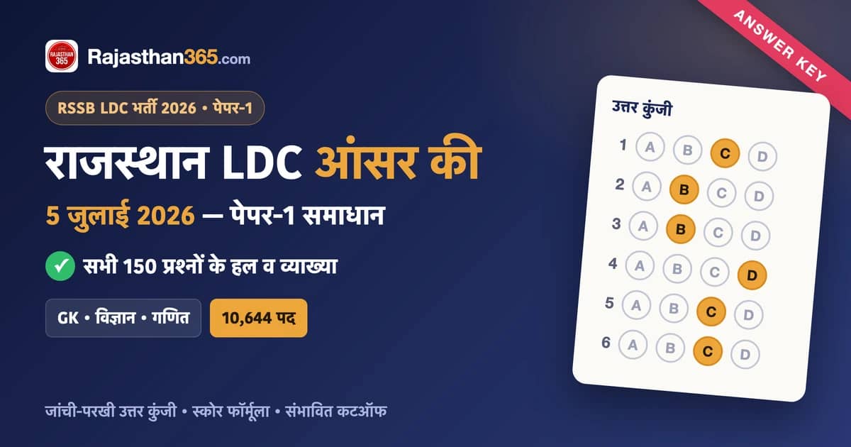 राजस्थान LDC आंसर की 5 जुलाई 2026 (पेपर 1): सभी 150 प्रश्नों के सही उत्तर व व्याख्या
