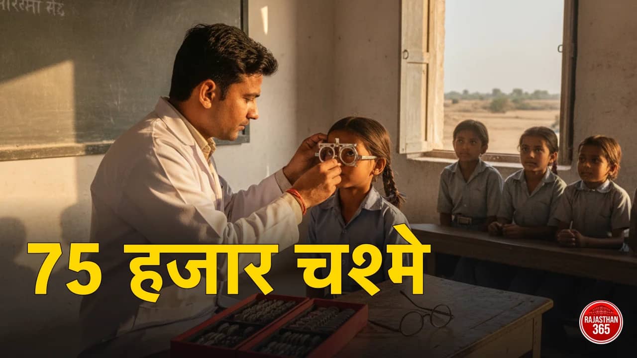 स्कूल की कक्षा में विद्यार्थियों की नेत्र जांच — ट्रायल फ्रेम और लेंस बॉक्स से दृष्टि परीक्षण