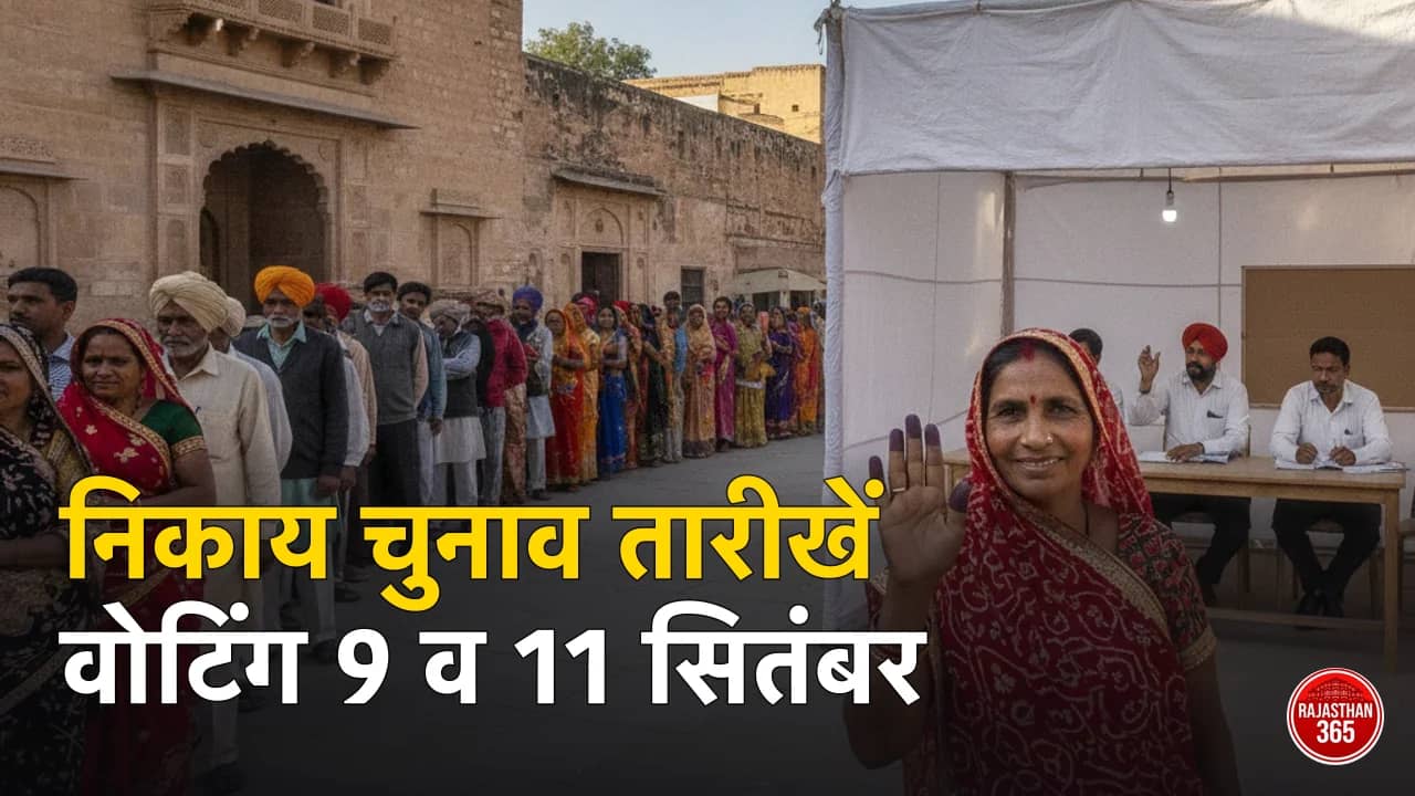 मतदान केंद्र पर कतार और स्याही लगी उंगली — राजस्थान निकाय चुनाव 2026 कार्यक्रम