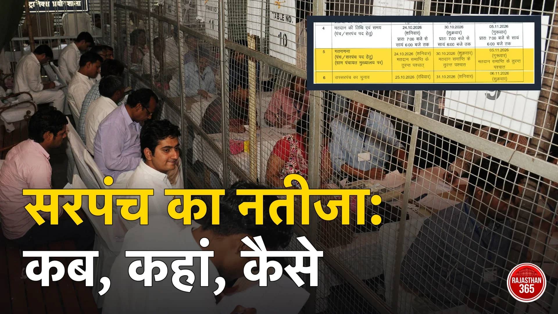 मतगणना केंद्र पर गिनती करते कर्मचारी; ऊपर आयोग की समय-सारणी, जिसमें पंच-सरपंच की मतगणना मतदान खत्म होते ही लिखी है