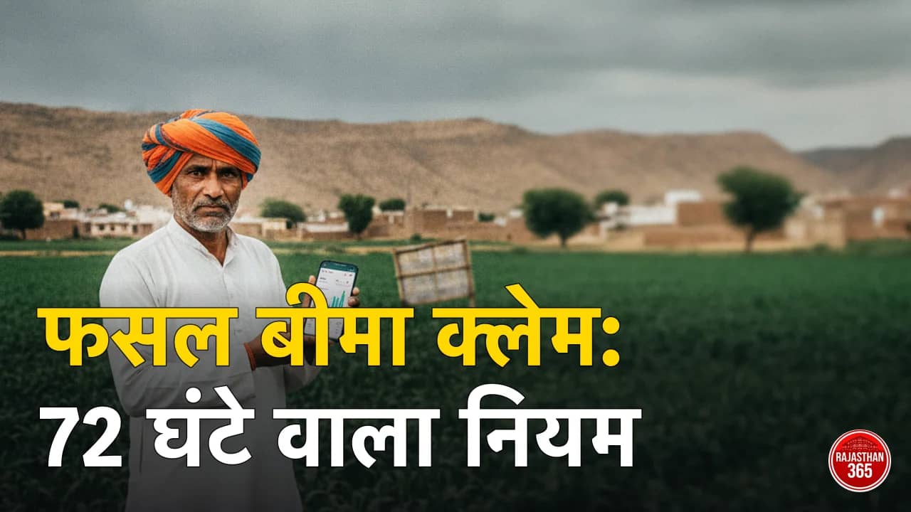 फसल बीमा राजस्थान — बारिश के बादलों के बीच किसान मोबाइल पर क्लेम स्टेटस देखते हुए, 72 घंटे नियम