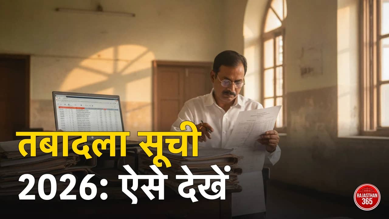 राजस्थान तबादला सूची 2026 — कार्यालय में लैपटॉप पर ट्रांसफर लिस्ट देखता कर्मचारी